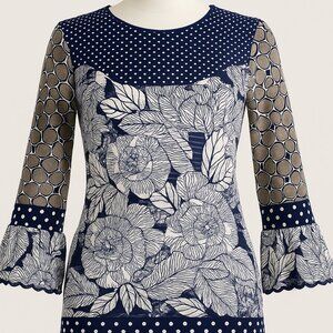 AHAC Designed by Kimmi Blouse Medium Blue Floral Polka Dot Patchwork Top